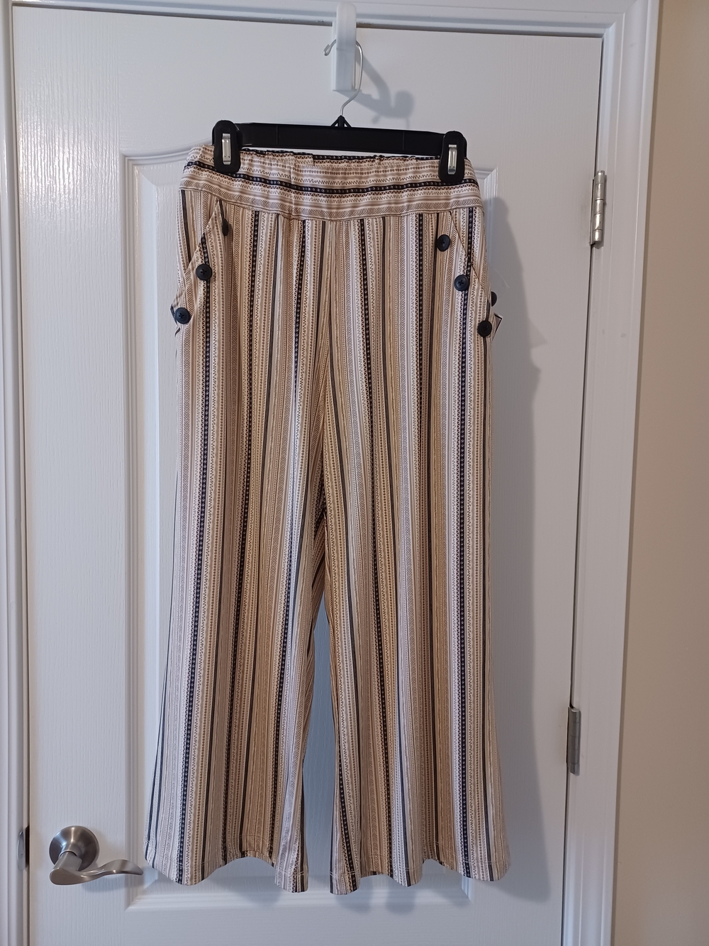 Robert Louis Neutral Striped Button-Accent Pants